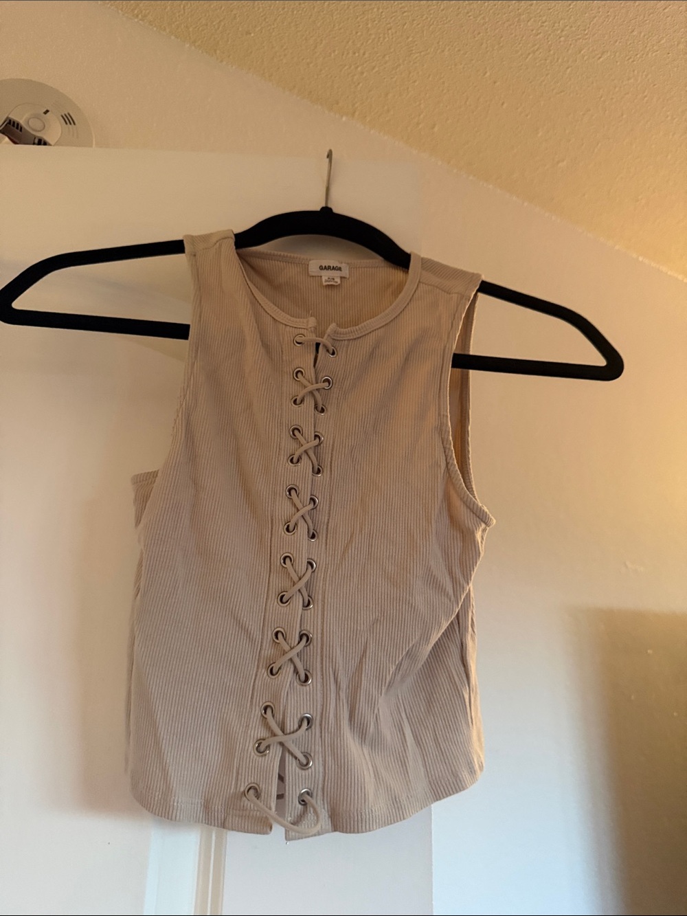 Garage Beige Ribbed Lace-Up Tank Top